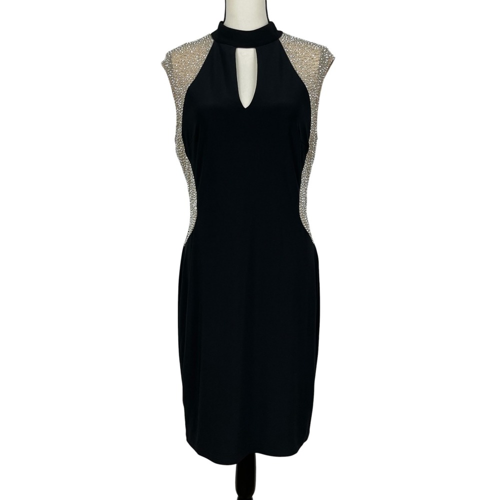 Xscape Womens Dress 14 Black Rhinestone Illusion Choker Neck Sleeveless Cocktail - Picture 1 of 13